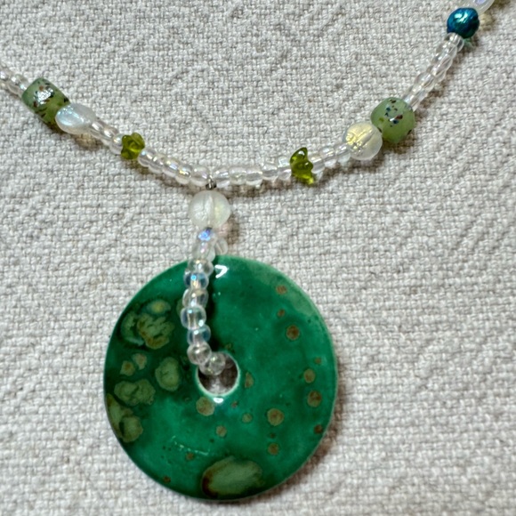 Sea Sediment Green Glass Beaded Circle Donut Pendant Necklace - Picture 2 of 5